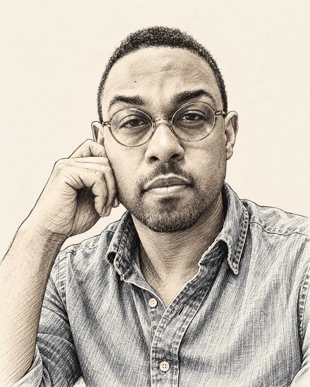 An illustrated portrait of Dr. Marshall A. Dunbar in a denim shirt, wearing round glasses and resting his cheek on his hand.