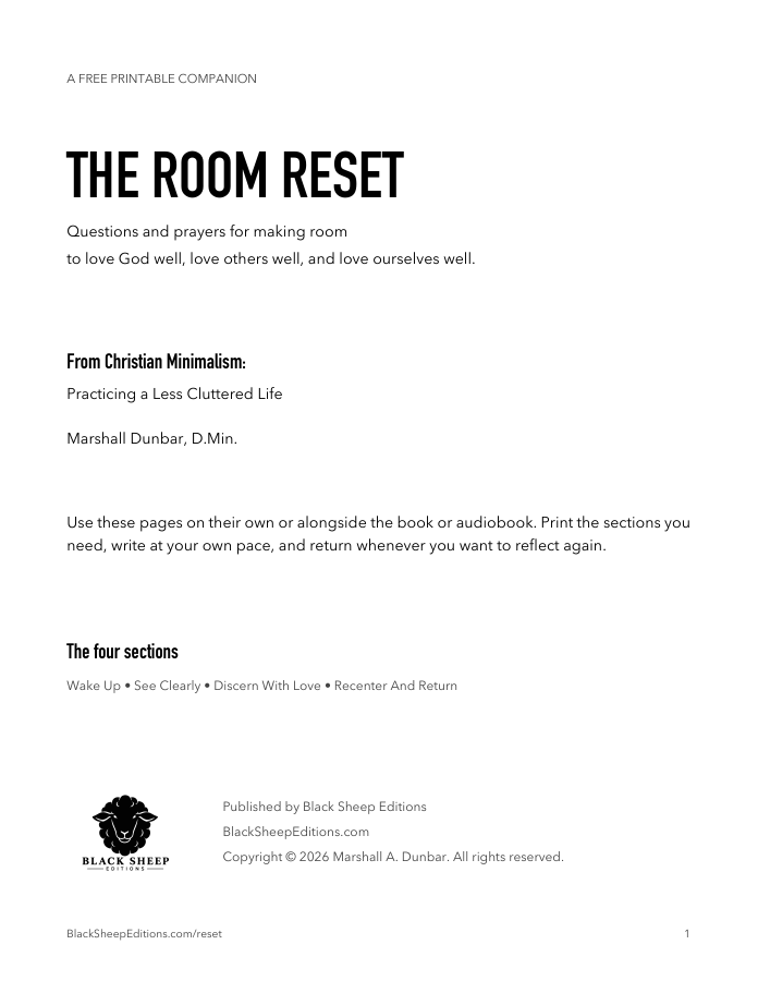 Cover of The Room Reset, a free printable companion to Christian Minimalism by Marshall Dunbar, D.Min.
